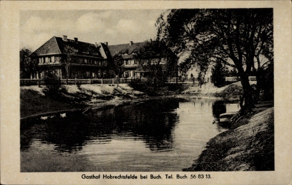 Postcard Berlin Pankow Buch, Gasthof Hobrechtsfelde, water, trees, buildings, garden