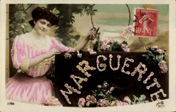 Letters Postcard first name Marguerite, portrait of a woman, flowers