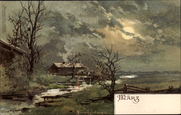 Artist Chromo-Litho Guggenberger, Allegory March, Landscape in the Moonlight