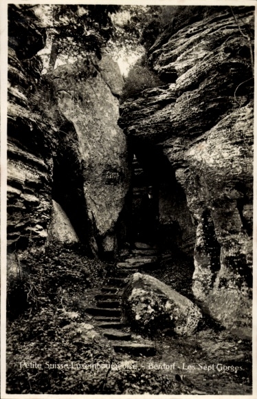 Postcard Berdorf Luxembourg, rocky landscape, stairs, nature, Petite Suisse, Les Sept Gorges