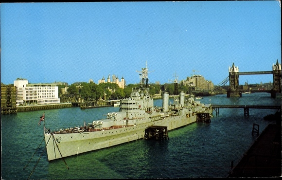 Postcard London City England, Tower Bridge, HMS Belfast