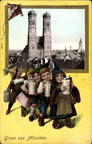 Präge Ak München Bayern, Frauenkirche, Münchner Kindl, Bierkrüge