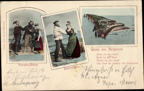 Postcard North Sea island of Helgoland, total view, national dance, costumes, marriage proposal