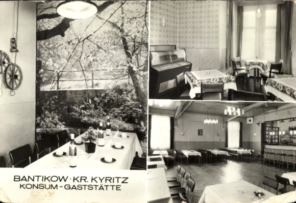 Postcard Bantikow Kyritz in the Prignitz region, restaurant with tables, chairs, kitchenette, rural decor...