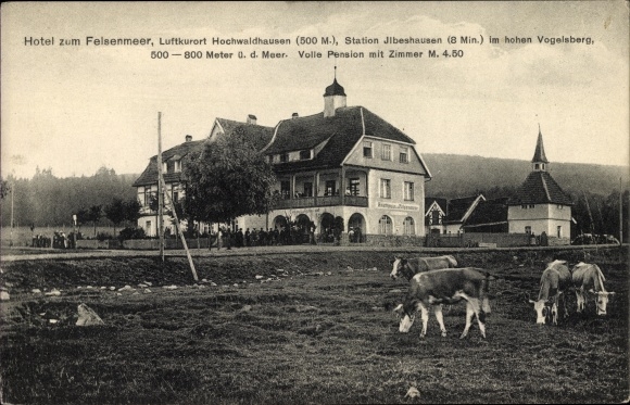Postcard Ilbeshausen Hochwaldhausen Grebenhain in Vogelsbergkreis, Hotel zum Felsenmeer, cattle
