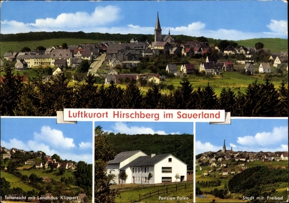 PC Hirschberg Warstein in the Sauerland, Pension Falke, city outdoor pool, partial view Landhaus cliff