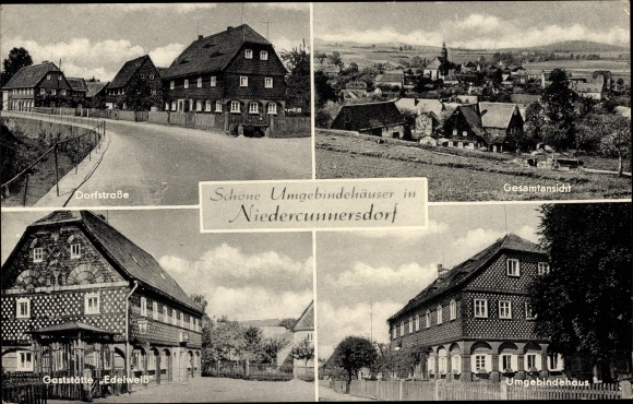 Ansichtkaart Niedercunnersdorf Kottmar in Saksen, vakwerkhuizen, restaurant Edelweiß, totaaloverzicht
