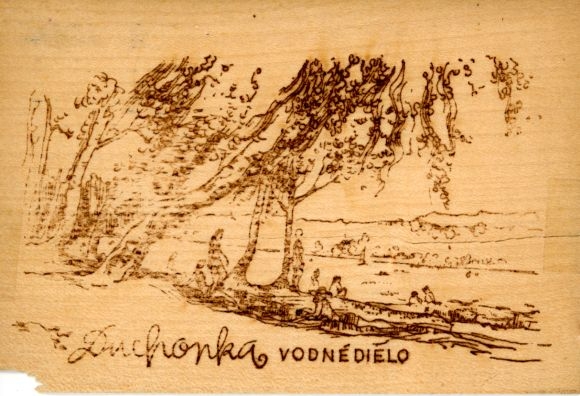 Holz Ak Menschen am Fluss, Bäume
