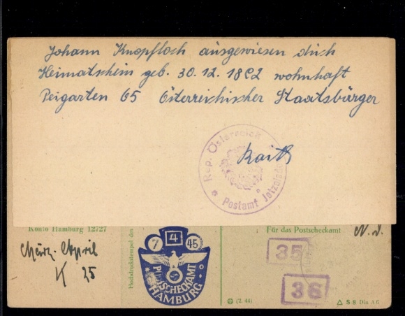 Money order, embossed stamp "7.4.45 Hamburg" with certificate of origin