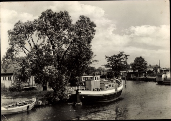 Postcard Eggesin in Mecklenburg Western Pomerania, on the Randow, boats, tree