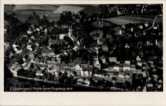 Postcard Lunzenau in Saxony, aerial view of cityscape, architecture
