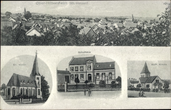 KP Ober Hilbersheim w Rheinhessen, kościół katolicki i protestancki, budynek szkoły, ujęcie z daleka