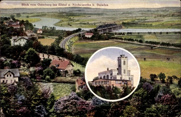Postcard Dresden Cossebaude Niederwartha, view from Osterberg into the Elbe valley and Niederwartha near Dresden