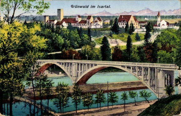 Ak Grünwald in de Isar-vallei Opper-Beieren, stadszicht, brug