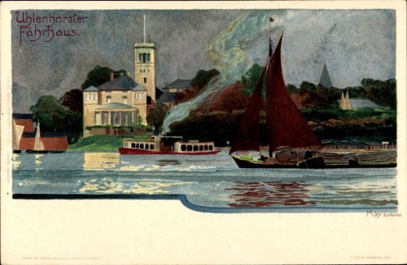 Artist Chromo-Litho Kley, Heinrich, Hamburg North Uhlenhorst, Uhlenhorster Fährhaus, Elbe