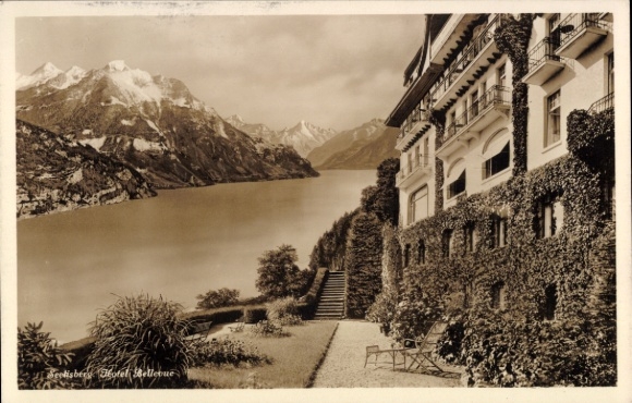 Ak Bellevue Seelisberg Kanton Uri,  Hotel Bellevue, Berglandschaft, See, Pflanzen, Terrasse