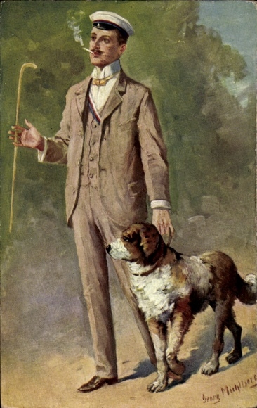 Studentika artist Postcard Mühlberg, Georg, A smart guy, smoking student, dog