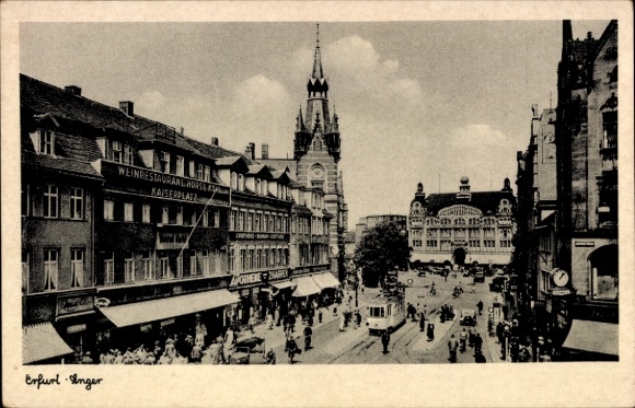 Postcard Erfurt in Thuringia, city view, WEINRESTAURANT HORSLAY, Kaiserplatz, people, tram