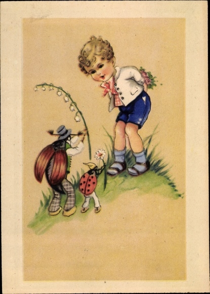 Artist Postcard May beetle, lady beetle, boy, lily of the valley