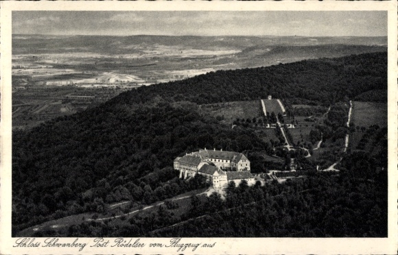 Postcard Rödelsee in Mainfranken Bavaria, Schwanberg Castle, aerial photograph