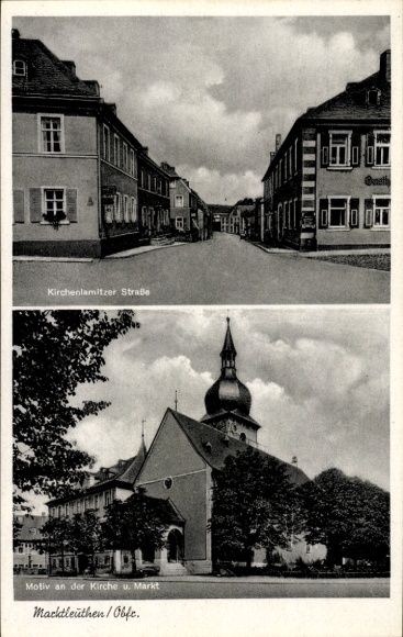 Postcard Marktleuthen in the Fichtelgebirge, Kirchenlamitzer Straße, church, market