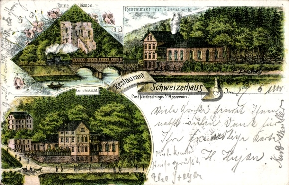 Litho Niederstriegis Roßwein in Sachsen, Restaurant Schweizerhaus, Ruine