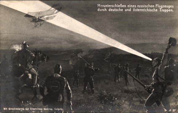Postcard Shooting down of a Russian aircraft by German and Austrian troops, I WW