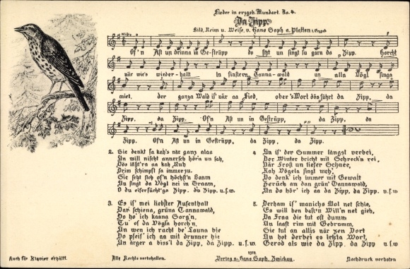 Song Postcard Soph, Hans, Da Zipp, Ore Mountain dialect No. 4, Vogel