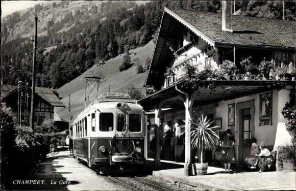 Postcard Champéry Canton of Valais, La Gare, train station, trolley line