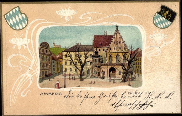 Präge Wappen Passepartout Ak Amberg in der Oberpfalz Bayern, Rathaus