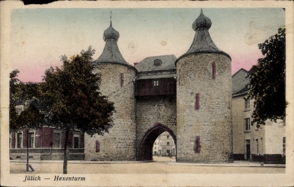 Ak Jülich in Nordrhein Westfalen, Hexenturm, Stadtmauer, historische Architektur, Bäume, Postk...