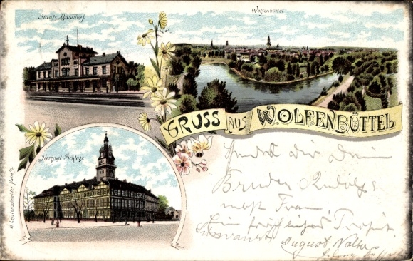 Ak Wolfenbüttel in Niedersachsen, Drei Ansichten von  Flusslandschaft,  Gebäude, Blumen