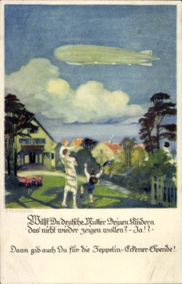 Artist Postcard Amtsberg, Otto, German mother shows children airship, Zeppelin Eckener donation