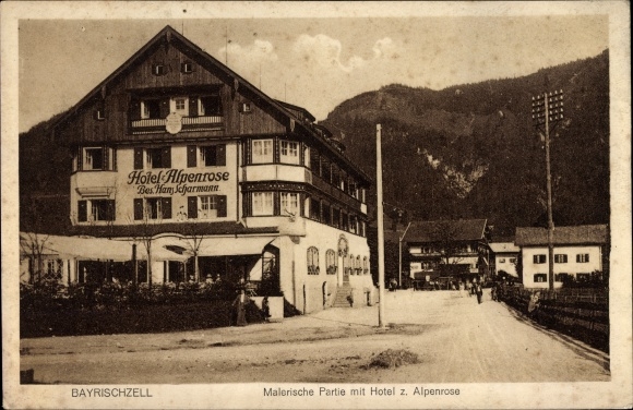 Postcard Bayrischzell in the Mangfall Mountains in Upper Bavaria, picturesque section with Hotel zur Alpenrose