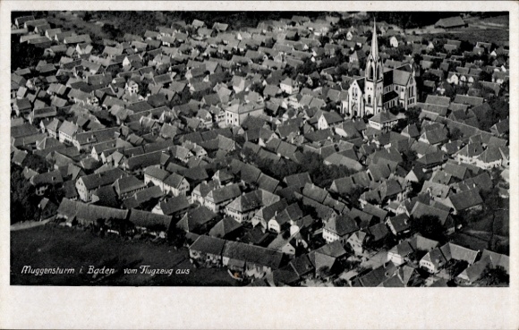 Postcard Weingarten in Baden, aerial view of Muggensturm, many roofs, church