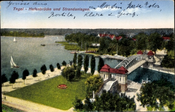 Ak Berlin Reinickendorf Tegel, Hafenbrücke, Strandanlagen, Seenlandschaft, Boote, Park