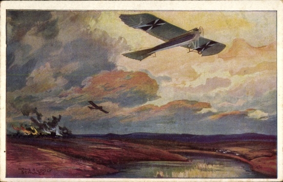 Artist Postcard Schulze, Hans Rudolf, Military pigeon on reconnaissance flight near the Masurian Lakes, I. WK
