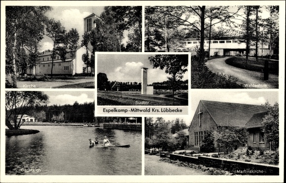 Ak Mittwald Espelkamp in Ostwestfalen Lippe, Kirche, Waldschule, Badeteich, Martinskirche, Südtor