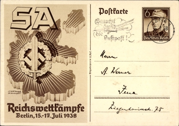 Postal stationery artist Postcard Axster Heudtlaß, SA Reichswettbewerbe Berlin 1938