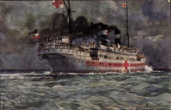 Kunstenaarskaart Diemer, Zeno, Duits hospitaalschip, verpleging in de oorlog, I. WW