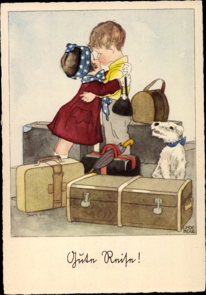 Artist PC Lindeberg, have a good trip, kiss goodbye, suitcase, luggage, dog