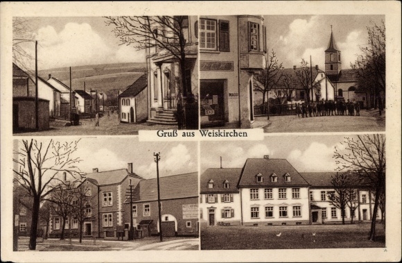 Postcard Weiskirchen im Saarland, street section, Hotel Hofhaus, church