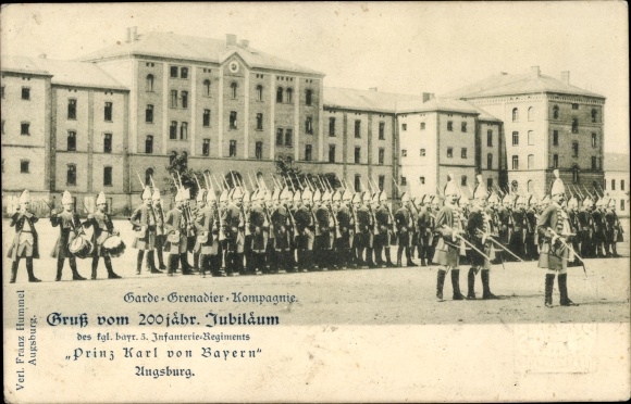 Briefkaart Augsburg, Garde Grenadier Company, 3e Inf. Reg. Prins Karl van Beieren, jubileum