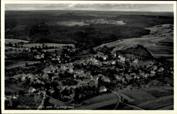 Postcard Adelmannsfelden in Württemberg, aerial view of rural surroundings, forests, meadows