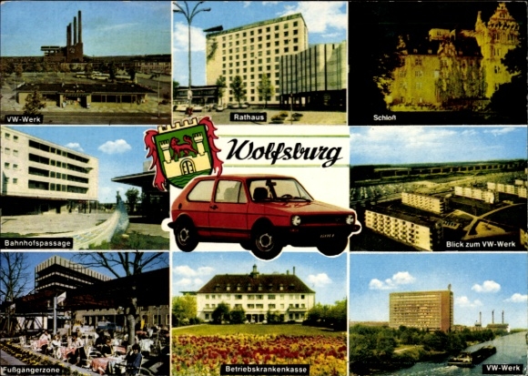Postcard Wolfsburg in Lower Saxony, VW factory, town hall, castle, view of the VW factory, pedestrian zone, operation