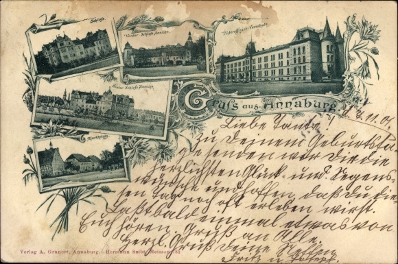 Postcard Annaburg in the district of Wittenberg, castle, market square, non-commissioned officer preschool