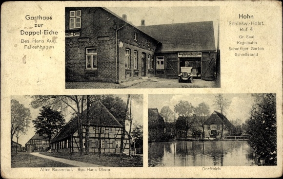 Ak mockery in Sleeswijk-Holstein, herberg voor dubbele eik, oude boerderij, dorpsvijver