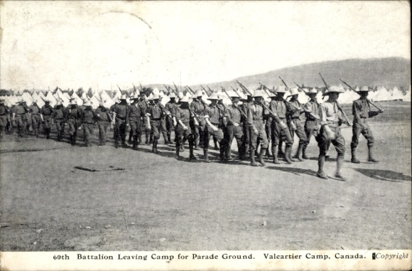 Postcard 60th Battalion Leaving Camp for Parade Ground, Valcartier Camp, Canada