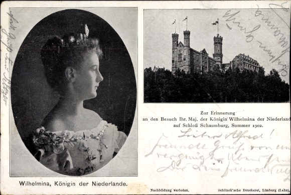 Postcard Balduinstein an der Lahn, Schaumburg Castle, visit of Queen Wilhelmina of the Netherlands in 1902