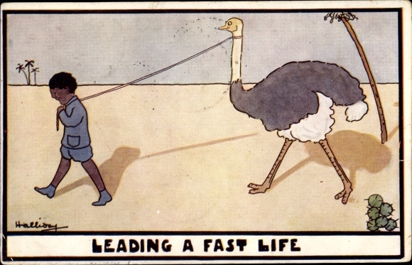 Artist Postcard Halliday, Leading a fast life, man with ostrich on a leash